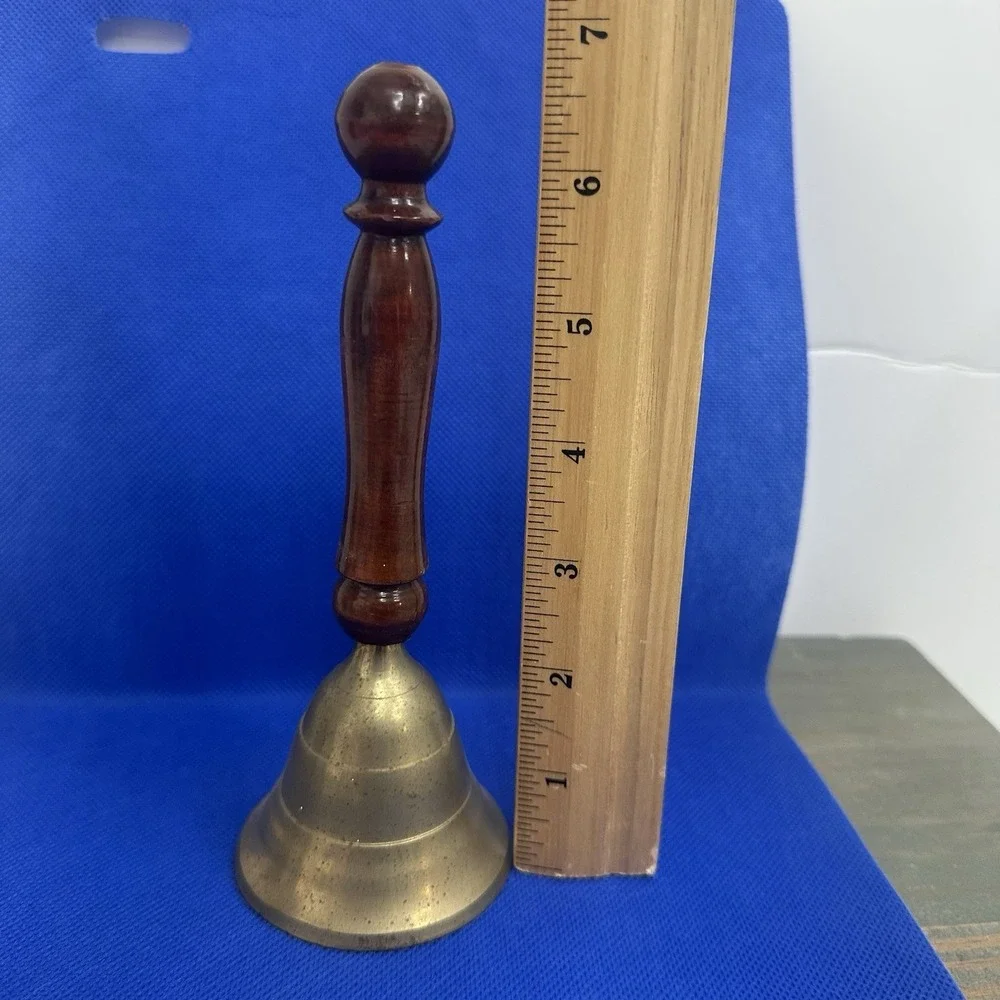 Bell Brass Old School Bell Brown Wood Handle India Handbell Dinner Farmhouse 6.5